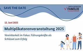 Aufschrift Multiplikatorenveranstaltung 2025, 12. Juni 2025, rechts eine gezeichnete Familie