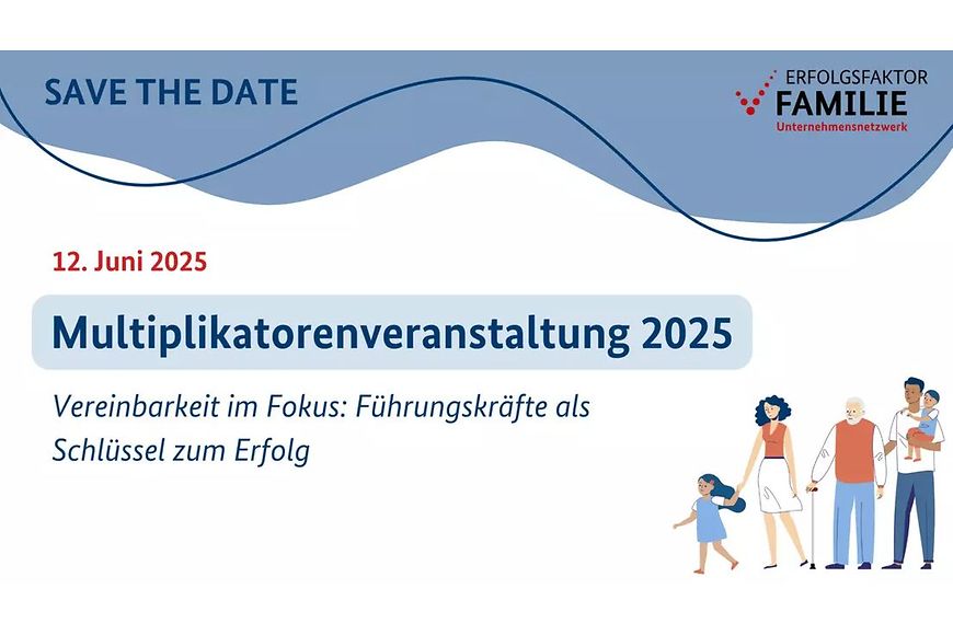 Aufschrift Multiplikatorenveranstaltung 2025, 12. Juni 2025, rechts eine gezeichnete Familie